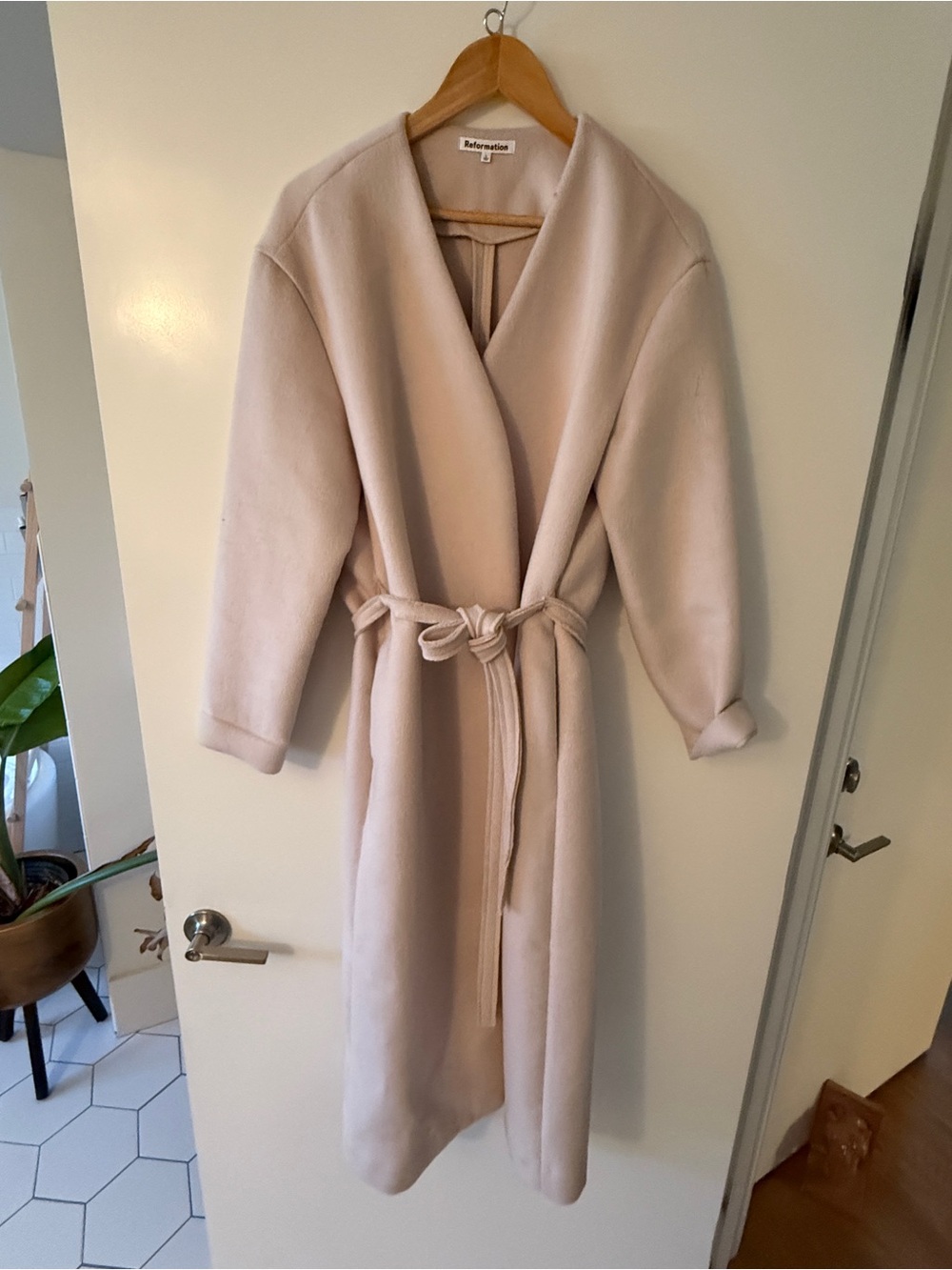 Reformation Pale Blush Long Belted Robe Coat